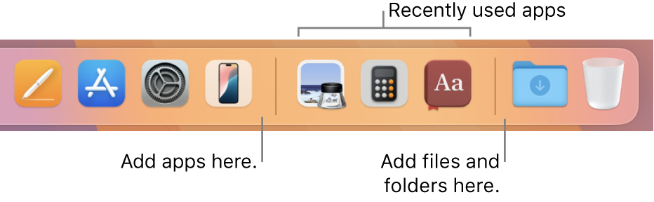 A portion of the Dock showing the separator lines between apps, recently used apps, and files and folders.