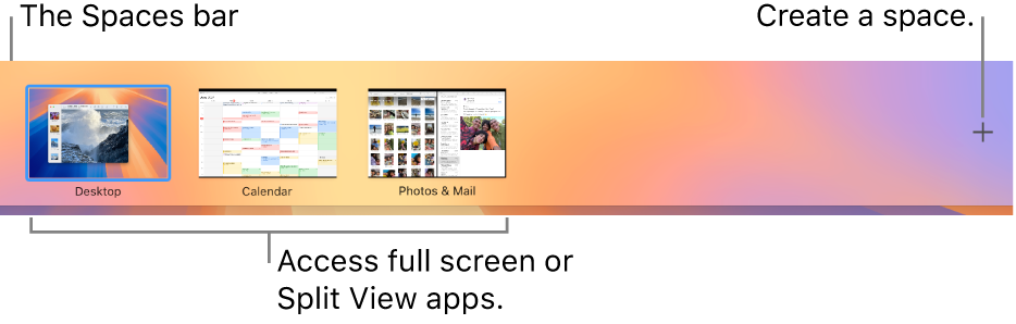 The Spaces bar showing a desktop space, apps in full screen and Split View, and the Add button for creating a space.