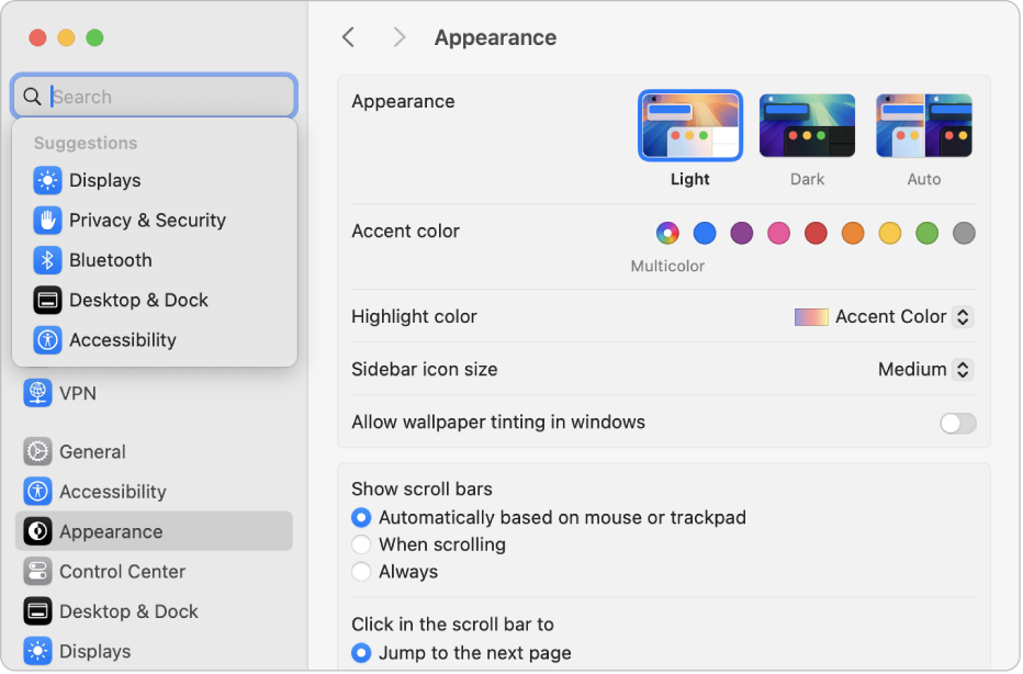 The System Settings window showing suggestions below the search field.