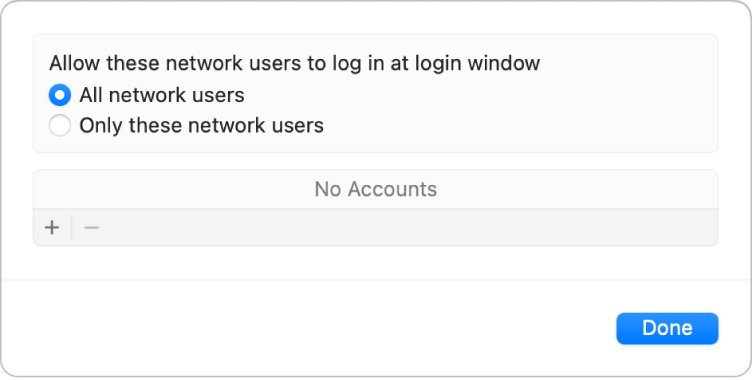 Users & Groups settings showing login options for network users.