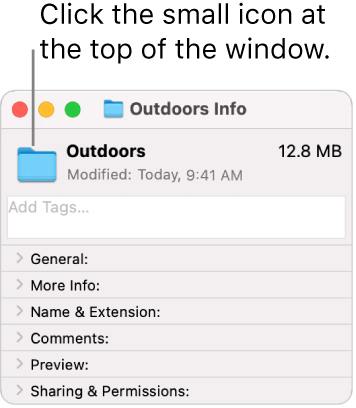 The Info window for a folder, showing the generic icon for the folder selected.