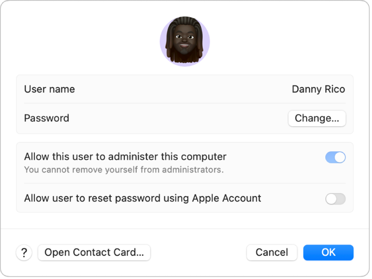 Users & Groups user settings for a selected user. At the top are the user picture, user name, and the Change button for the password. Below that are options to allow the user to administer the computer and reset their password using their Apple Account. At the bottom are the Help button, a button to open the user’s contact card, and the Cancel and OK buttons.