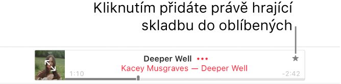 Horní část okna Apple Music s přehrávanou skladbou. Chcete‑li právě přehrávanou skladbu označit jako oblíbenou, klikněte napravo u jejího názvu na tlačítko Oblíbené.