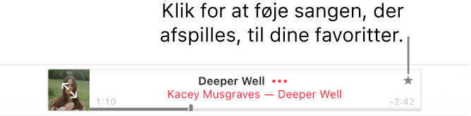 Det øverste af Apple Music med en sang, der afspilles. Klik på knappen Favoritter til højre for sangtitlen for at markere den sang, der afspilles, som favorit.