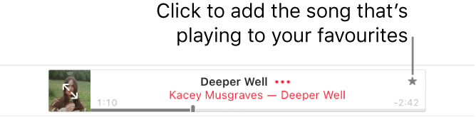 The top of Apple Music with a song playing. Click the Favourites button to the right of the song title to mark the song that’s playing as a favourite.