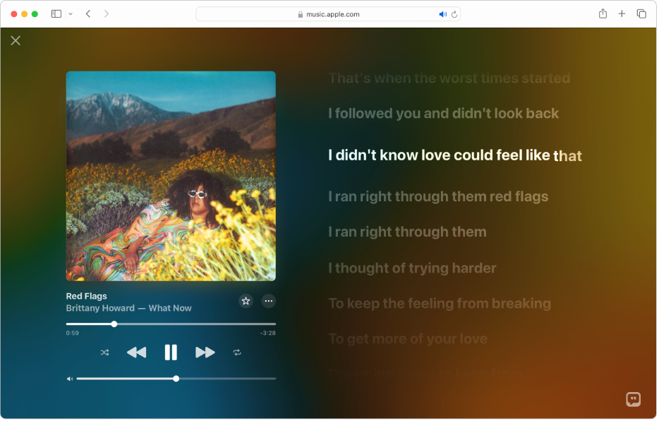 The Full Screen Player with a song playing and lyrics on the right, which appear on-screen in time with the music.