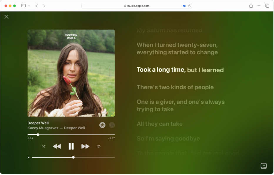 The Full-Screen Player with a song playing and lyrics on the right, which appear onscreen in time with the music.