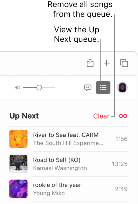 The Up Next button at the top-right corner of Apple Music is selected and the queue is visible. Click the Clear link at the top of the list to remove all songs from the queue.