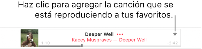 La parte superior de Apple Music mostrando la canción que se está reproduciendo. Haz clic en el botón Favorito a la derecha del título de la canción para marcar esa canción como favorita.