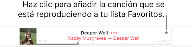 La parte superior de Apple Music con una canción en reproducción. Haz clic en el botón Favoritos a la derecha del título de la canción para marcar la canción que está sonando como favorita.