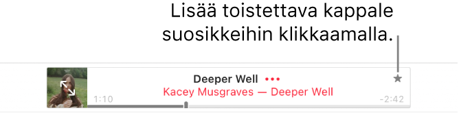 Apple Musicin yläosa, jossa näkyy toistettava kappale. Merkitse parhaillaan toistettava kappale suosikiksi klikkaamalla kappaleen oikealla puolella olevaa Suosikit-painiketta.