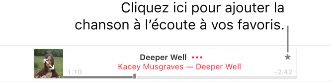 Le haut de la fenêtre d’Apple Music avec une chanson en cours de lecture. Cliquez sur le bouton Favoris à droite du titre de la chanson à l’écoute pour ajouter celle-ci aux favoris.