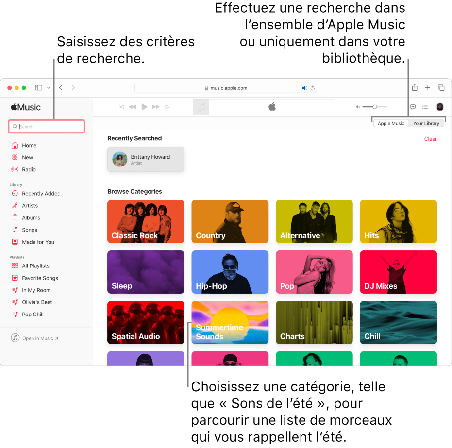 La fenêtre Apple Music, avec le champ de recherche dans le coin supérieur gauche, la liste de catégories au centre de la fenêtre et « Apple Music » ou « Votre bibliothèque » disponibles dans le coin supérieur droit. Saisissez des critères de recherche dans le champ de recherche, puis choisissez d’effectuer la recherche dans tout Apple Music ou seulement dans votre bibliothèque. Choisissez au besoin une catégorie, comme « Sons de lʼété », pour parcourir une liste de morceaux qui rappellent l’été.