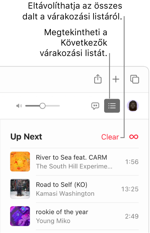 Az Apple Music jobb felső sarkában ki van jelölve a Következők gomb, és megjelenik a dalok listája. A lista tetején található Törlés linkre kattintva eltávolíthatja az összes zenét a listából.