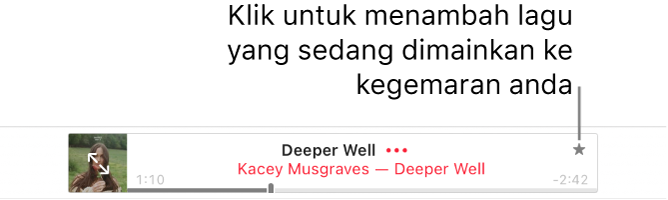 Bahagian atas Apple Music dengan lagu dimainkan. Klik butang Kegemaran di sebelah kanan tajuk lagu untuk menandakan lagu yang dimainkan sebagai kegemaran.