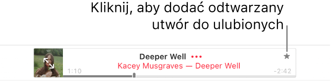 Górna część witryny Apple Music podczas odtwarzania utworu. Kliknij w przycisk Ulubione po prawej stronie tytułu utworu, aby oznaczyć odtwarzany utwór jako ulubiony.