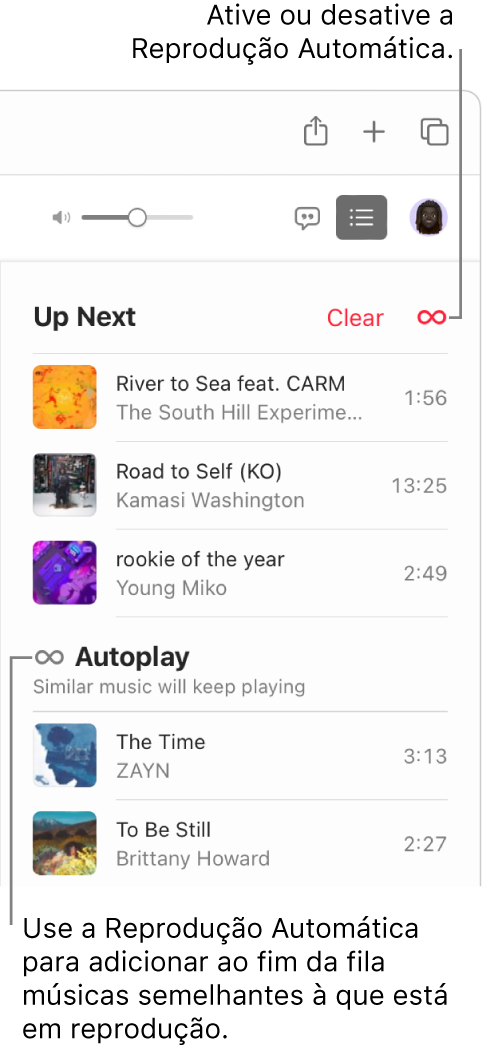 A fila Seguintes. Clique no botão da Reprodução Automática para ativá-la ou desativá-la. Quando a Reprodução Automática está ativada, músicas parecidas são adicionadas ao final da fila.