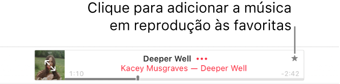 Parte superior do Apple Music com uma música sendo reproduzida. Clique no botão Favoritos à direita do título da música para marcar como favorita a música que está sendo reproduzida.