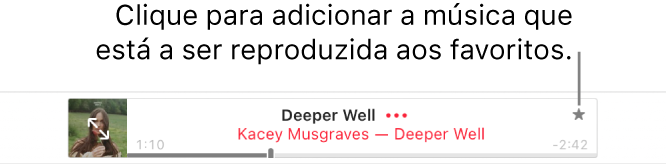 A parte superior de Apple Music com uma música a ser reproduzida. Clique em botão “Adicionar aos favoritos” à direita do título da música para adicionar a música que está a ser reproduzida aos favoritos.