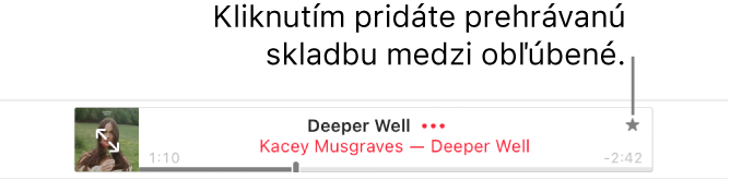 Horná časť Apple Music s playlistom skladieb. Kliknite na tlačidlo Obľúbené napravo od skladby, čím prehrávanú skladbu označíte ako obľúbenú.