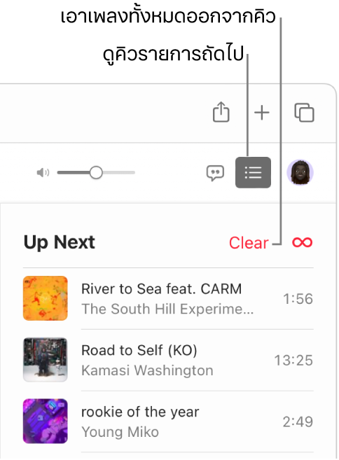 ปุ่มรายการถัดไปที่มุมขวาบนสุดของ Apple Music ถูกเลือกอยู่ และคิวก็แสดงให้เห็น คลิกลิงก์ล้างที่ด้านบนสุดของรายการเพื่อเอาเพลงทั้งหมดออกจากคิว
