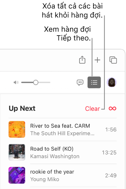Nút Tiếp theo ở góc trên cùng bên phải của Apple Music được chọn và hàng đợi sẽ hiển thị. Bấm vào liên kết Xóa ở đầu danh sách để xóa tất cả bài hát khỏi hàng đợi.