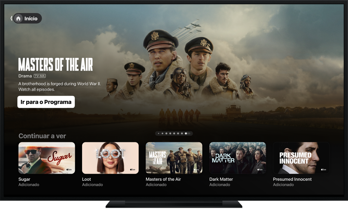 O app Apple TV mostrado na TV