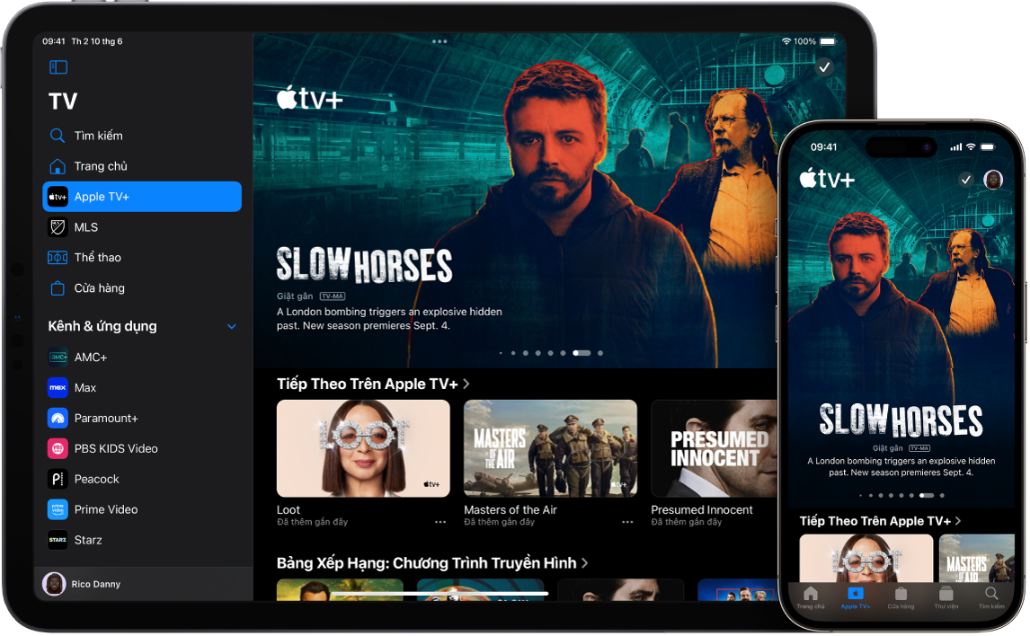 iPad và iPhone đang hiển thị ứng dụng Apple TV
