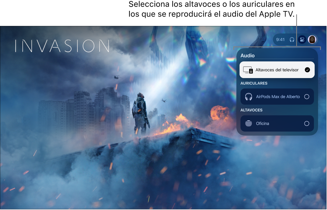 Pantalla del Apple TV con los controles de audio del centro de control