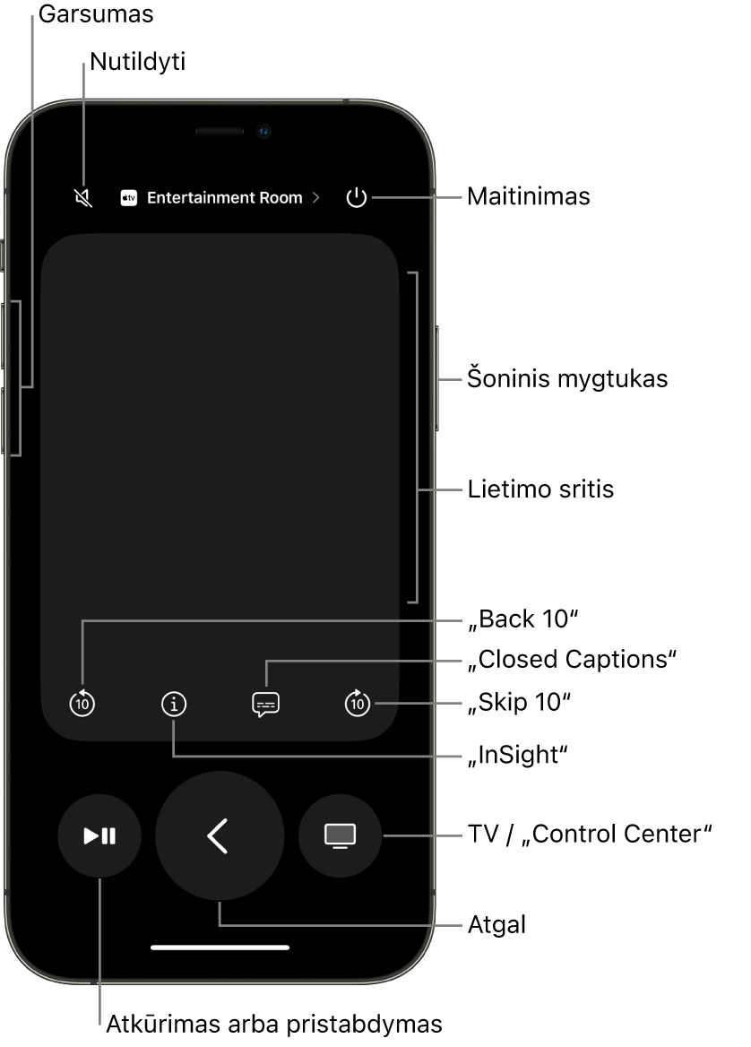 „iPhone“ programoje „Pultas“ rodomi garsumo, atkūrimo, maitinimo ir kiti mygtukai