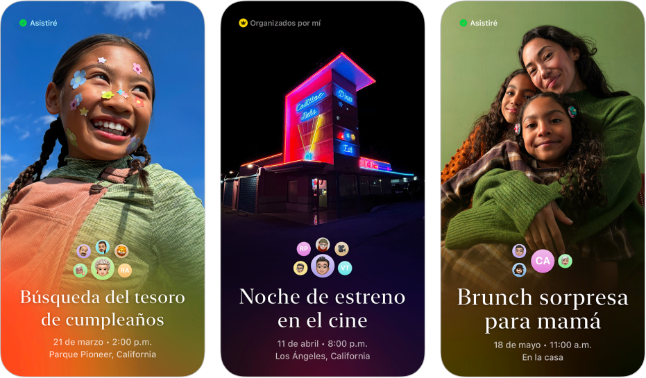 Tres invitaciones de la app Invitaciones Apple. Cada una tiene una foto de fondo, un nombre, una fecha y hora, y una ubicación.