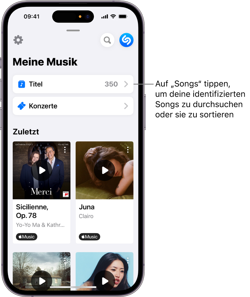 Eine Liste mit identifizierten Songs mit eingeblendetem Suchfeld und einem Steuerelement zum Scrollen