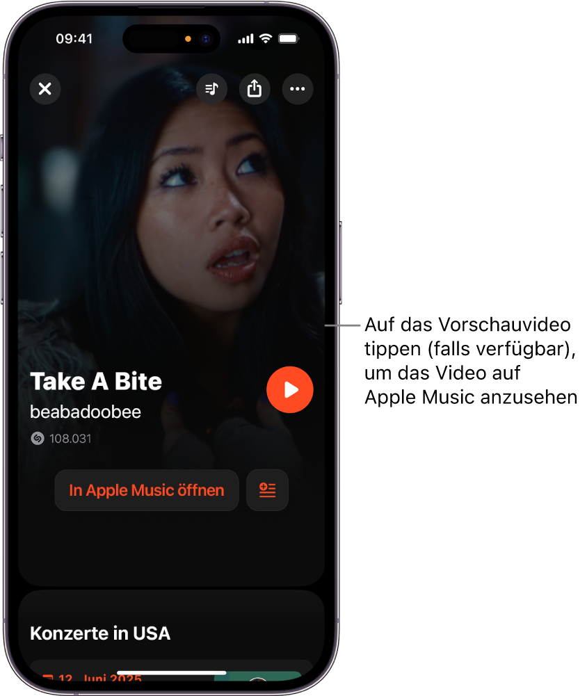 Die titelspezifischen Seite von Shazam mit einer Videovorschau