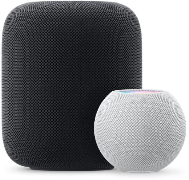 Image d’un HomePod noir et d’un HomePod mini blanc