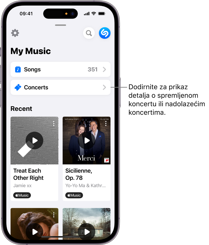 Stranica Shazam My Music (Shazam Moja glazba) s prikazom tipke Concerts (Koncerti)