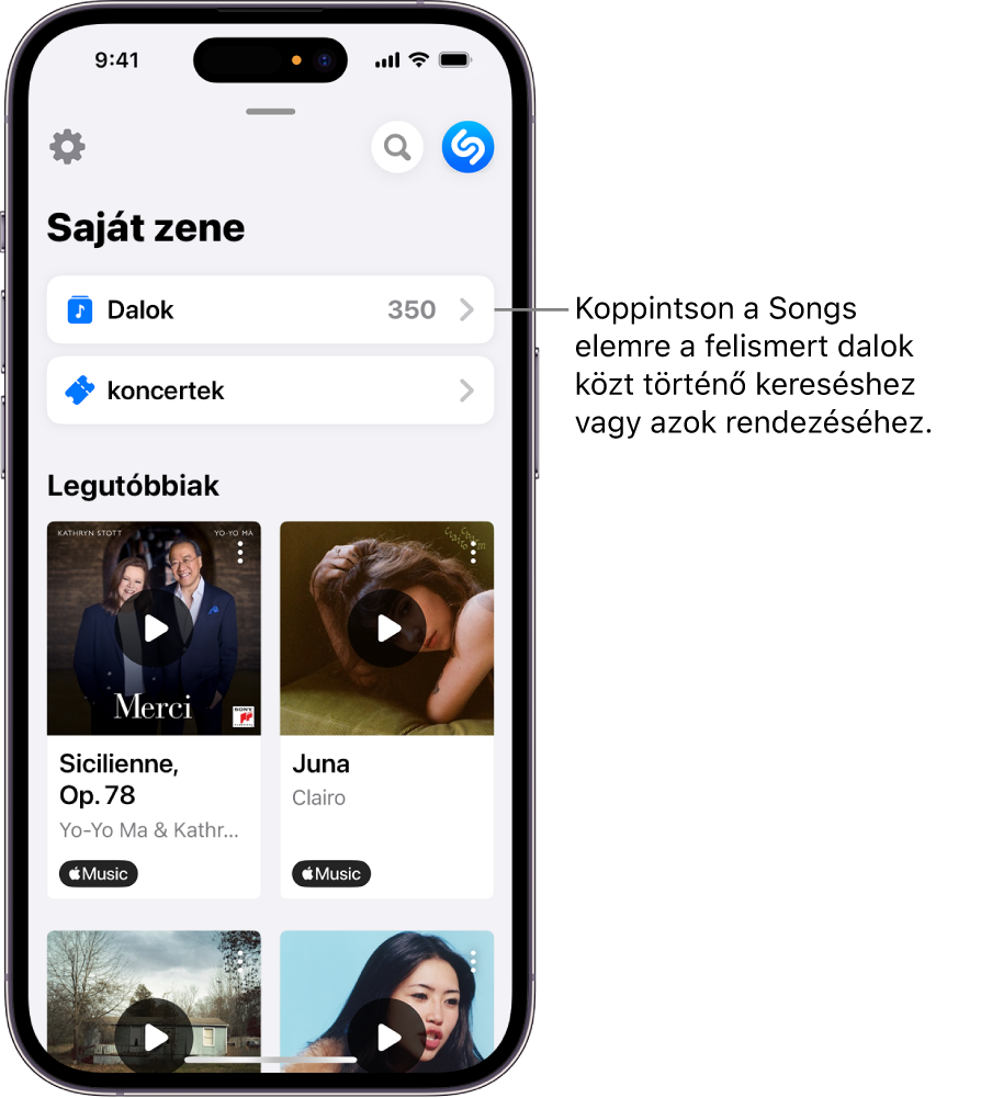 A beazonosított dalok listája a keresőmezővel és a görgetésvezérlővel