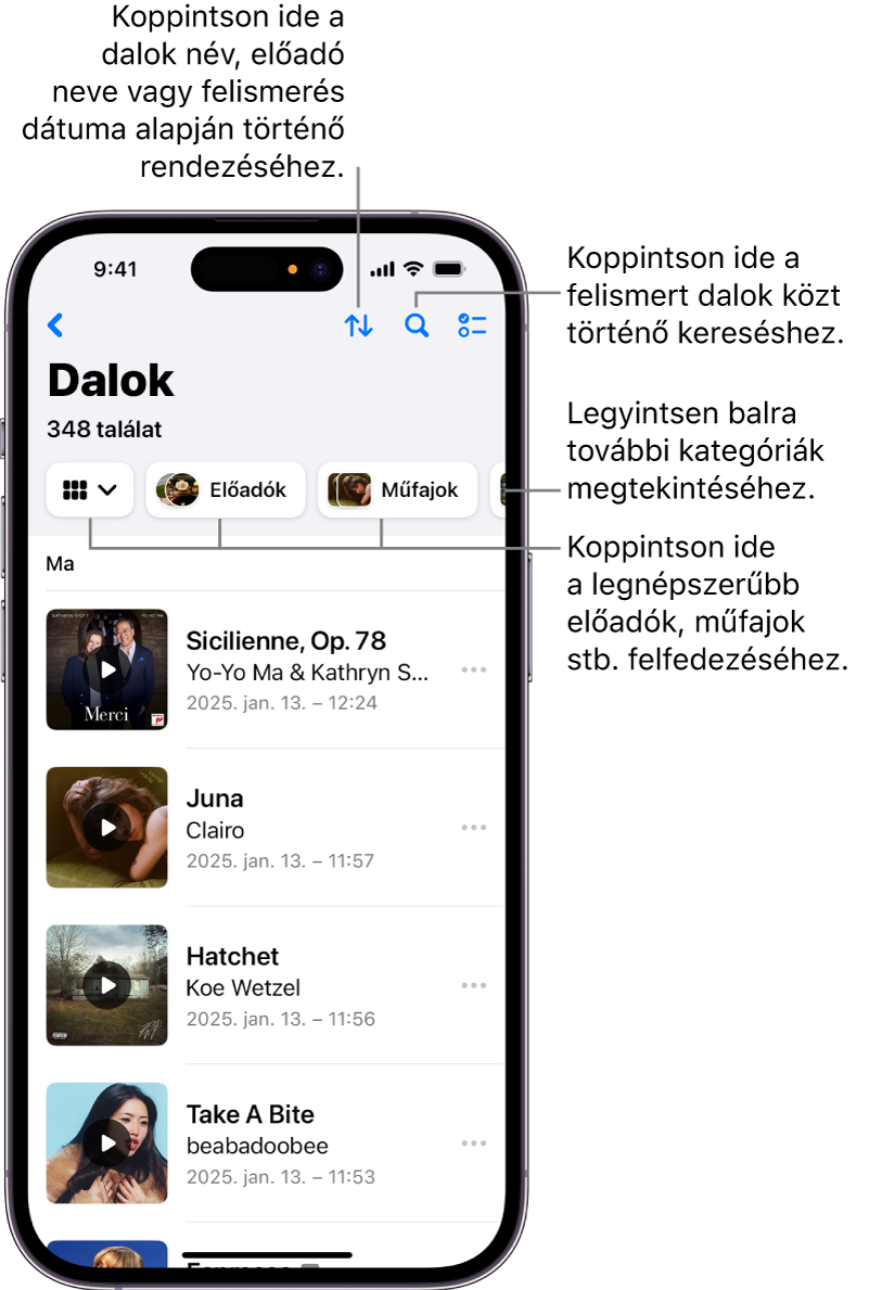 A beazonosított dalok listája a keresőmezővel és a görgetésvezérlővel