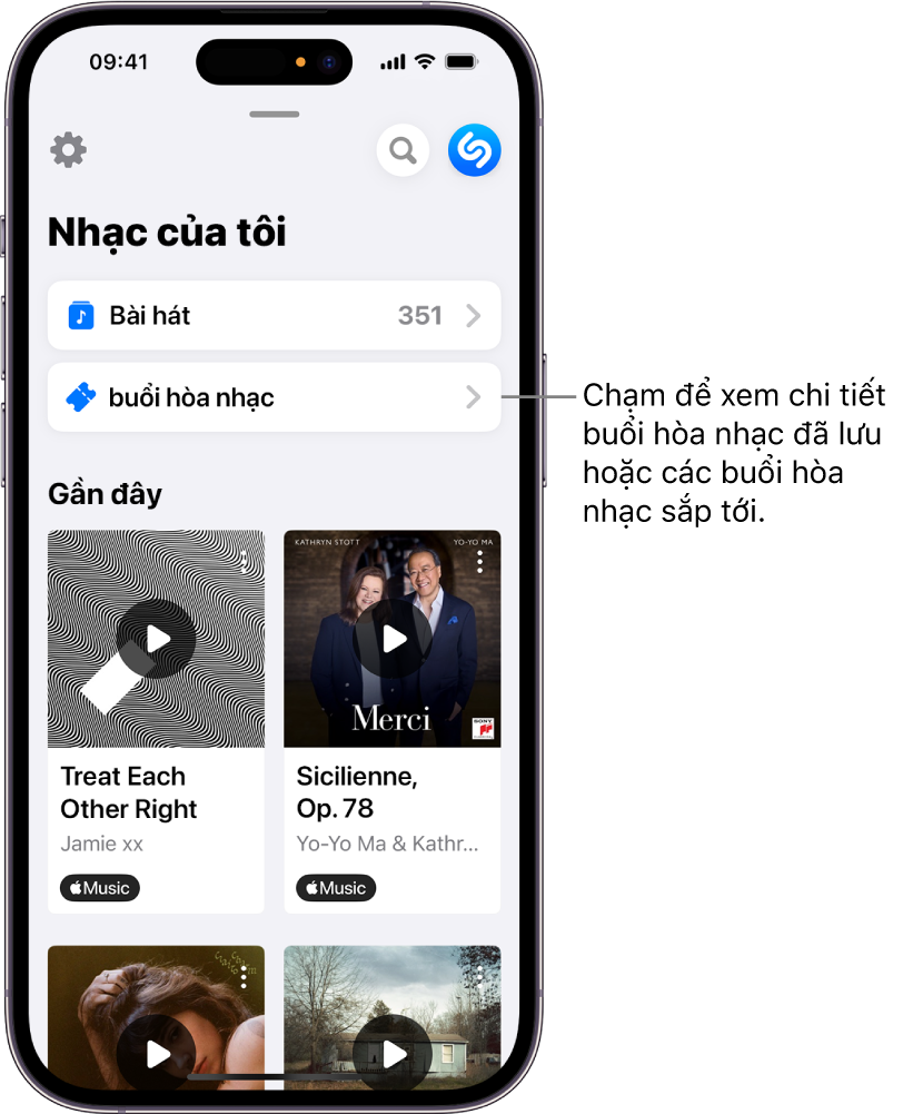 Trang My Music (Nhạc của tôi) trong Shazam đang hiển thị nút Concerts (Buổi hòa nhạc)