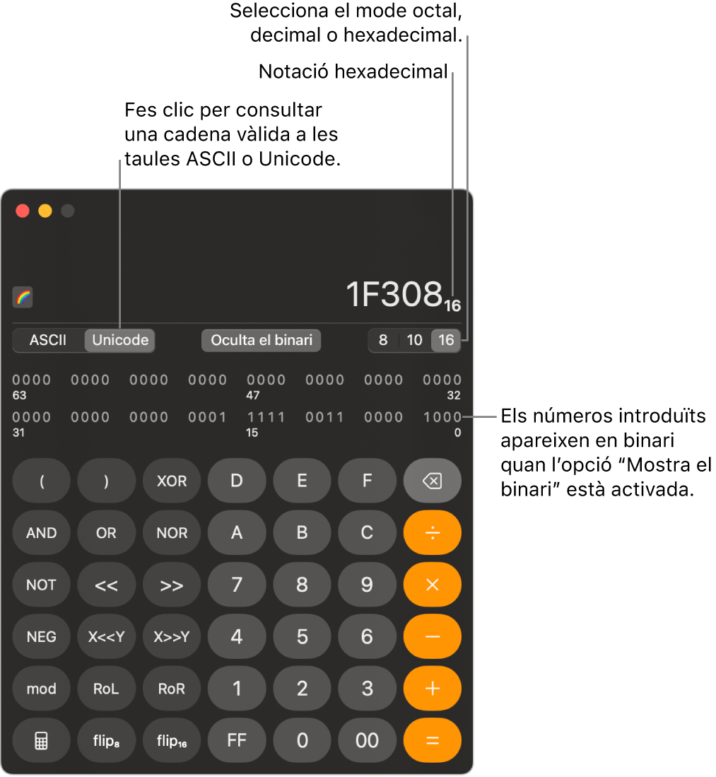 Una calculadora en el mode “Programador”.