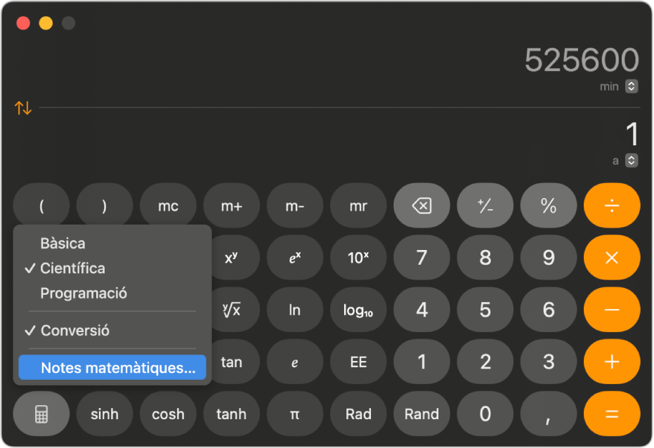 Una calculadora en el mode "Científica” en què es mostra el menú i l’opció “Notes matemàtiques” seleccionada.