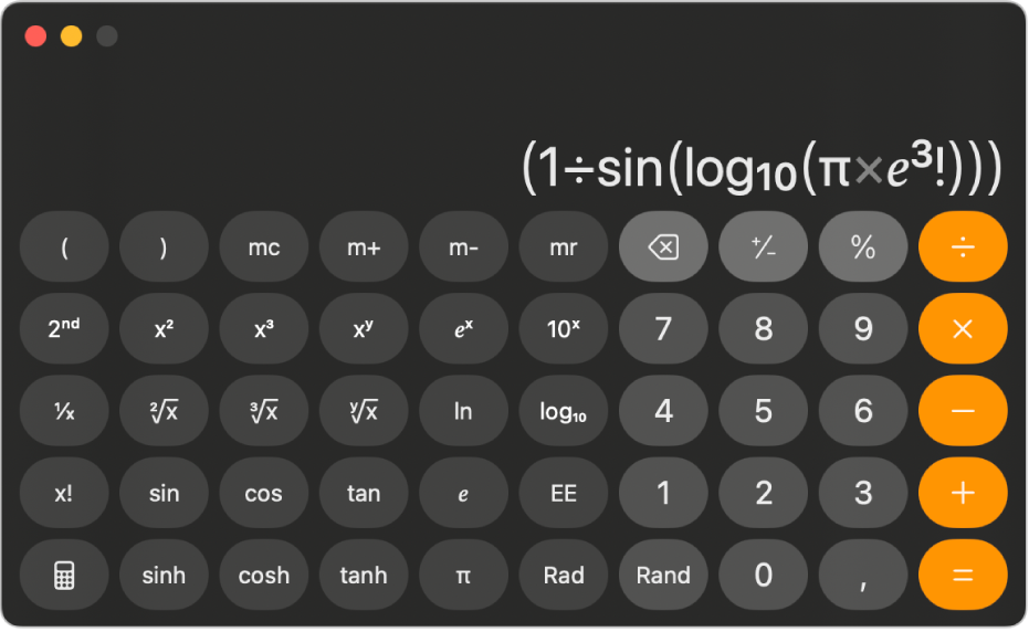 Kalkulačka ve vědeckém režimu zobrazující zadaný matematický výraz