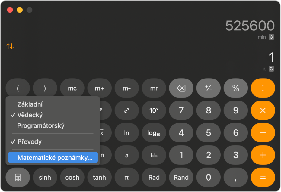 Kalkulačka ve vědeckém režimu s otevřenou nabídkou a výběrem „Matematické poznámky“