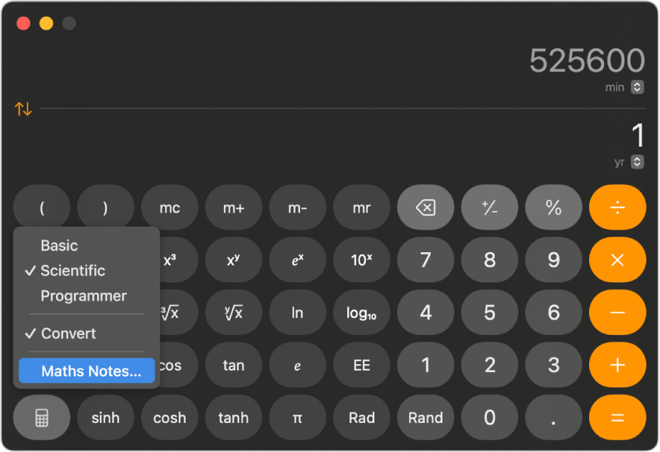 A calculator in scientific mode with a menu open and Maths Notes selected.