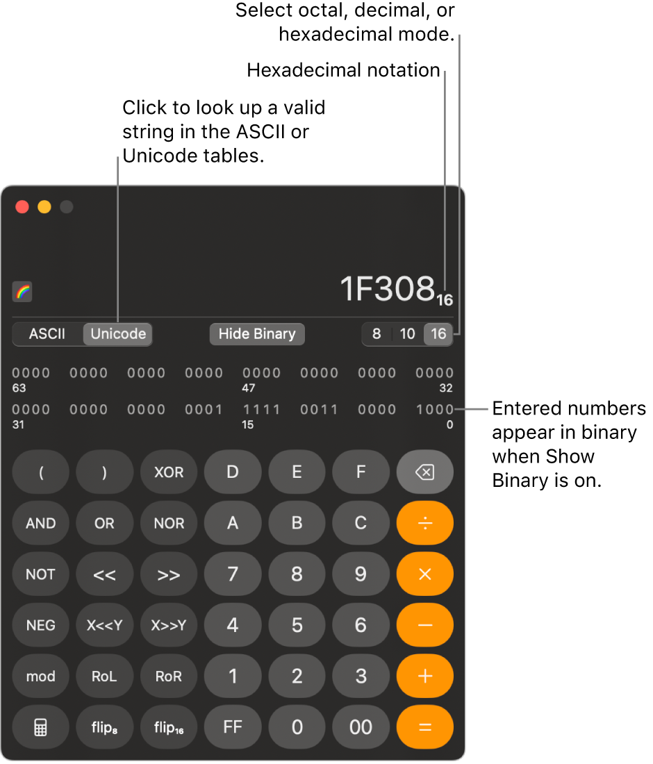 A calculator in programmer mode.