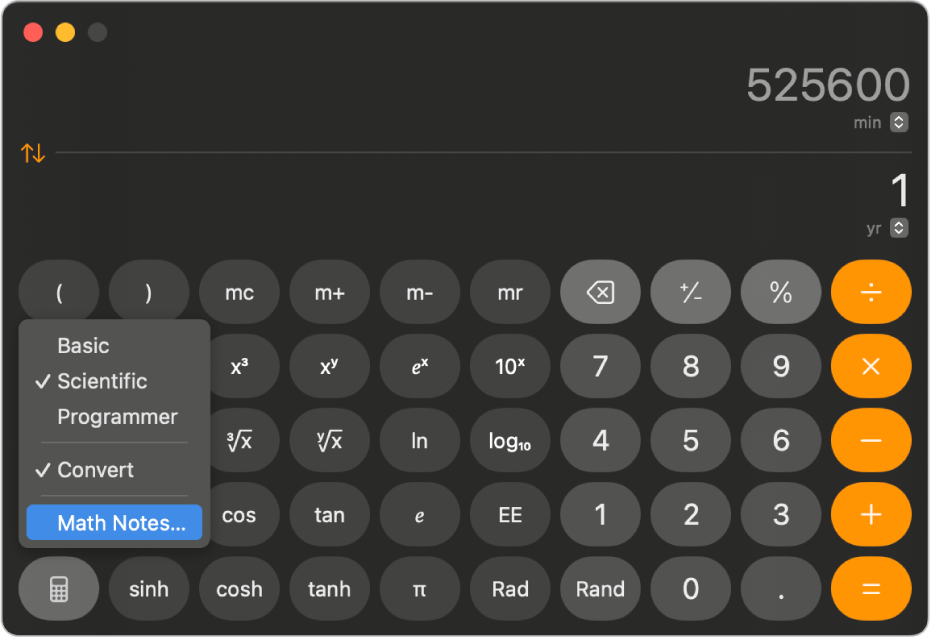 A calculator in scientific mode showing a conversion from minutes to years.