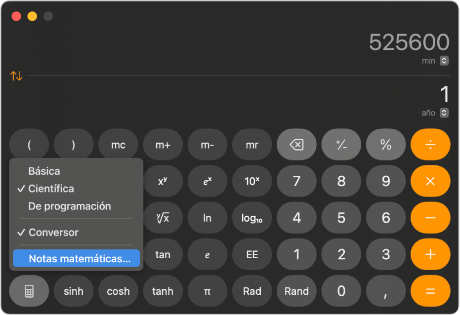 Una calculadora en modo científico con un menú abierto y el modo de notas matemáticas seleccionado.