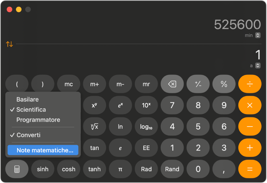 Una calcolatrice nella modalità scientifica con un menu aperto e la funzione “Note matematiche” selezionata.