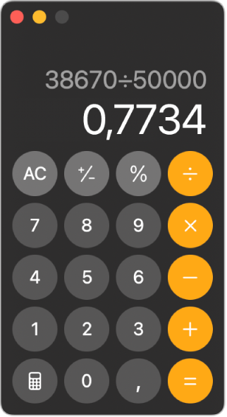 Un calculator în modul simplu afișând o operație.