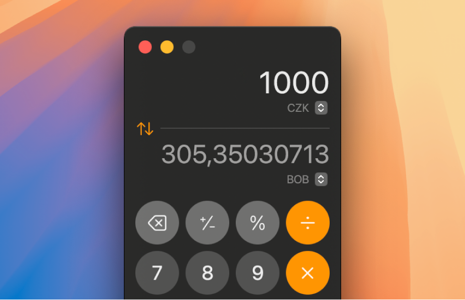 Un calculator în modul științific cu opțiunea de conversie activată.