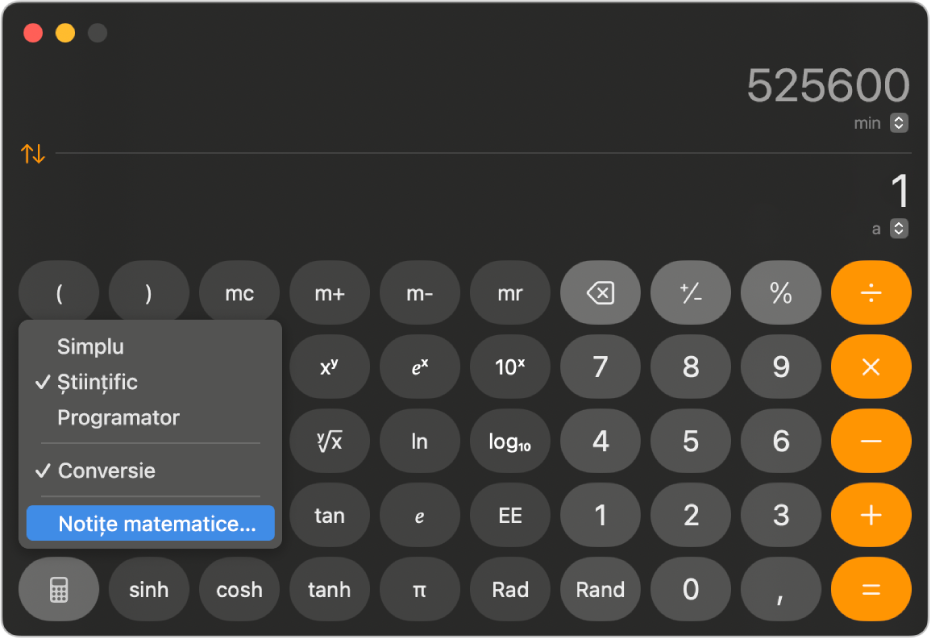 Un calculator în modul științific afișând o conversie din minute în ani.
